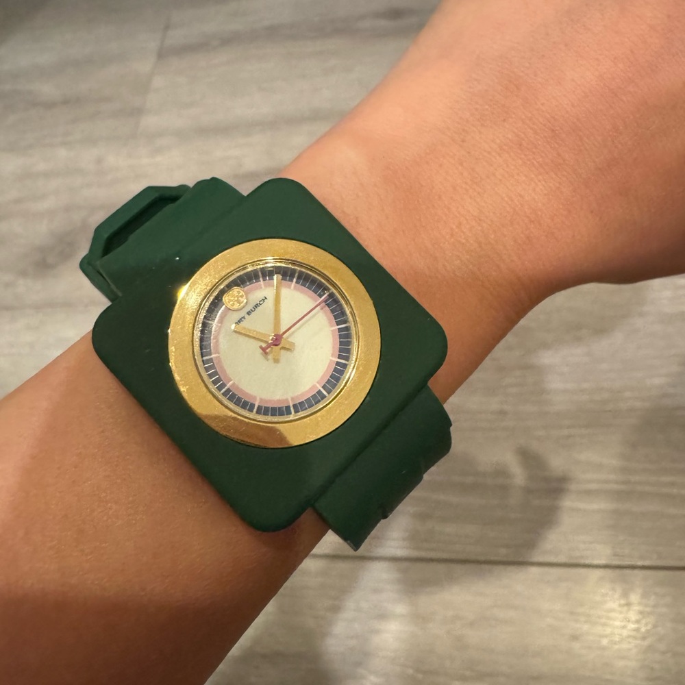 Tory Burch Green Rubber and Gold Metal Square Face Watch